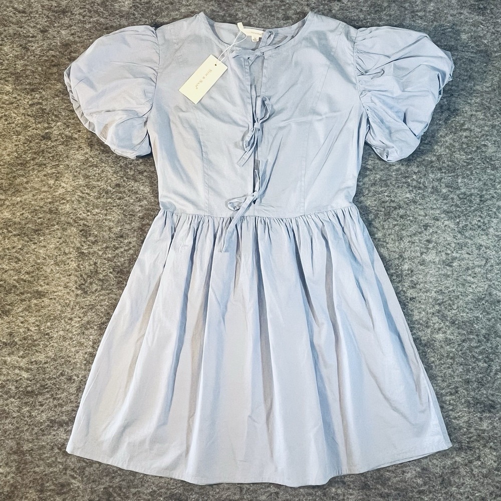 Sim & Sam Mini Dress Womens M Light Blue Puff Sleeve Cotagecore Coquette NWT